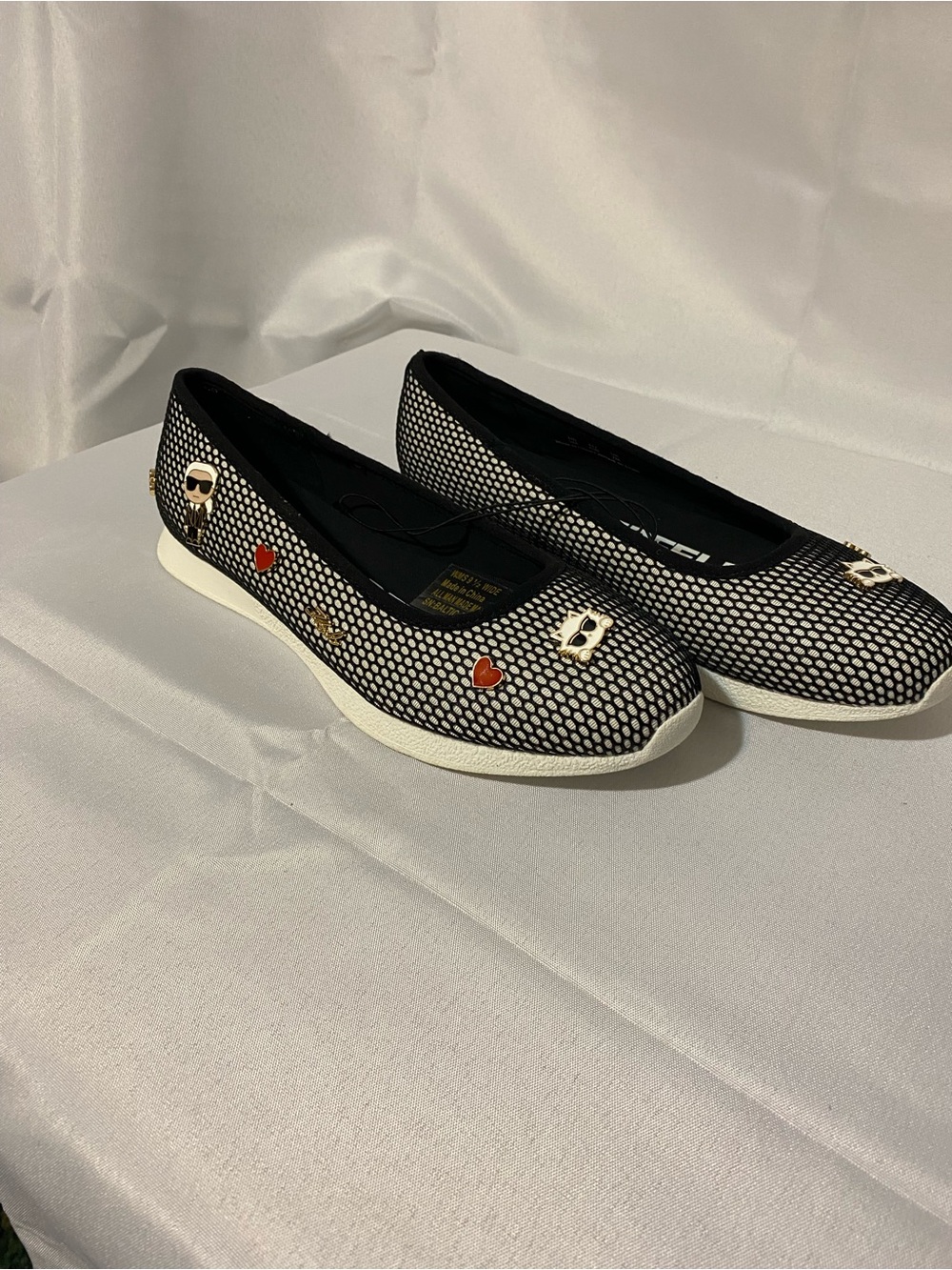 Karl Lagerfeld Black Mesh Slip-On Ballet Flats with Enamel Charms